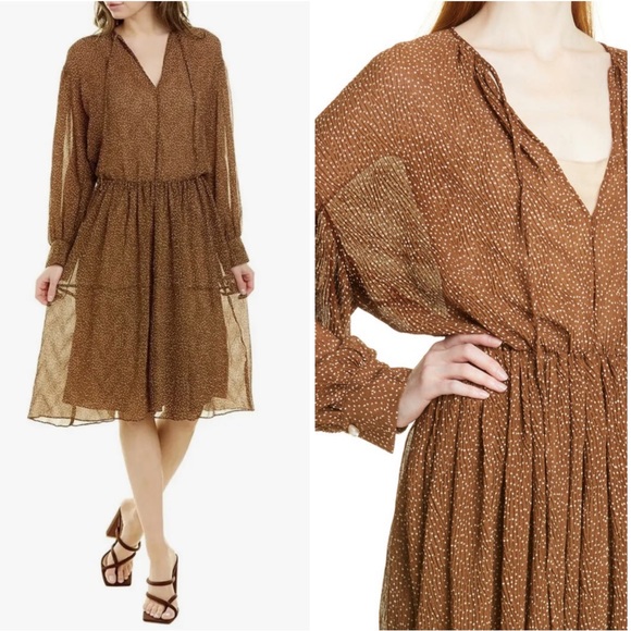 Vince Starry Dot Long Sleeve Dress Brown Size Large